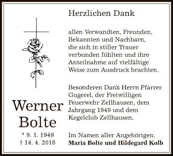 Todesanzeige von Werner Bolte von Offenbach