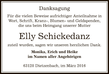 Todesanzeige von Elly Schickedanz von Offenbach