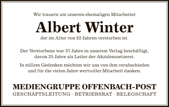 Todesanzeige von Albert Winter von Offenbach