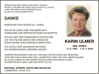 Todesanzeige von Karin Ulmer von Offenbach