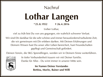 Todesanzeige von Lothar Langen von Offenbach