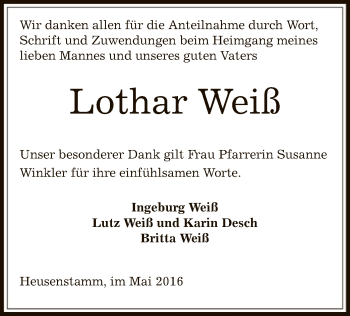 Todesanzeige von Lothar Weiß von Offenbach