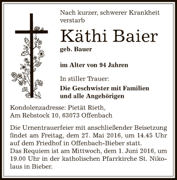 Todesanzeige von Käthi Baier von Offenbach