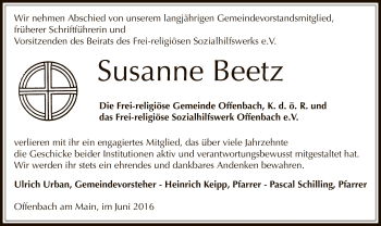 Todesanzeige von Susanne Beetz von Offenbach