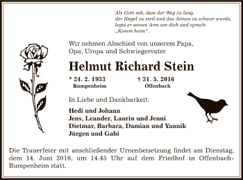 Todesanzeige von Helmut Richard Stein von Offenbach