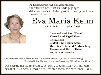 Todesanzeige von Eva Maria Keim von Offenbach
