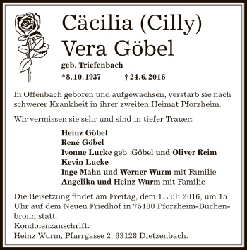 Todesanzeige von Cäcilia Vera Göbel von Offenbach