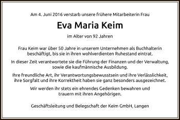 Todesanzeige von Eva Maria Keim von Offenbach