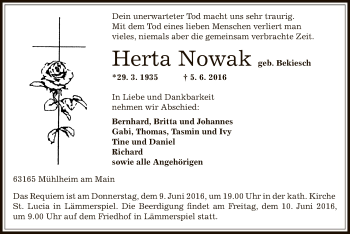 Todesanzeige von Herta Nowak von Offenbach