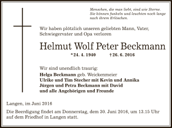 Todesanzeige von Helmut Wolf Peter Beckmann von Offenbach