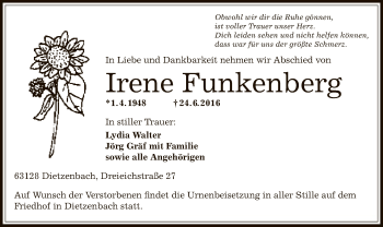 Todesanzeige von Irene Funkenberg von Offenbach