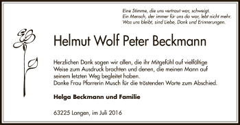Todesanzeige von Helmut Wolf Peter Beckmann von Offenbach