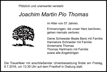 Todesanzeige von Joachim Martin Pio Thomas von Offenbach