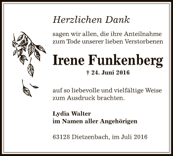 Todesanzeige von Irene Funkenberg von Offenbach