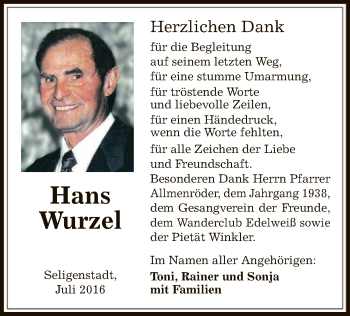 Todesanzeige von Hans Wurzel von Offenbach