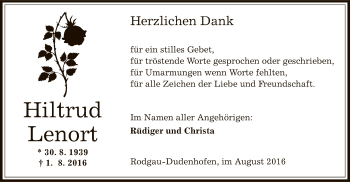 Todesanzeige von Hiltrud Lenort von Offenbach