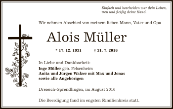 Todesanzeige von Alois Müller von Offenbach