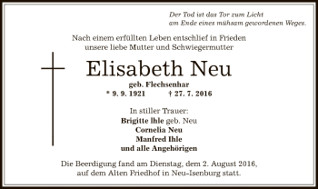 Todesanzeige von Elisabeth Neu von Offenbach