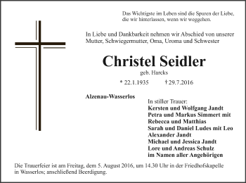 Todesanzeige von Christel Seidler von Offenbach