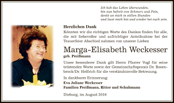 Todesanzeige von Marga-Elisabeth Weckesser von Offenbach