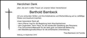 Todesanzeige von Berthold Bambeck von Offenbach