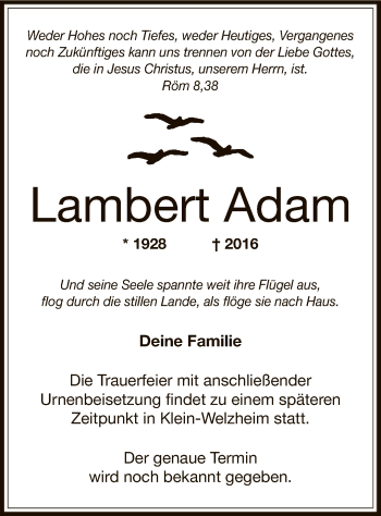 Todesanzeige von Lambert Adam von Offenbach