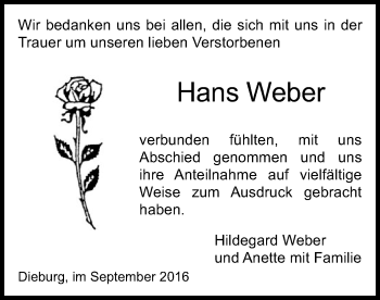 Todesanzeige von Hans Weber von Offenbach