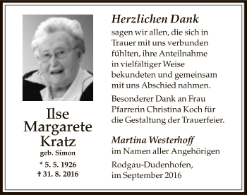 Todesanzeige von Ilse Margarete Kratz von Offenbach