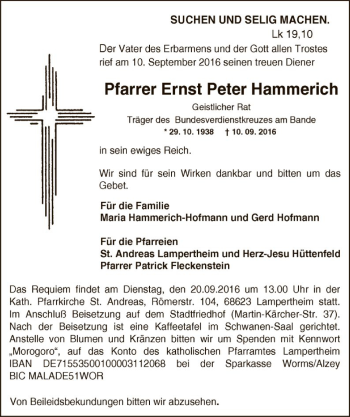 Todesanzeige von Ernst Peter Hammerich von Offenbach
