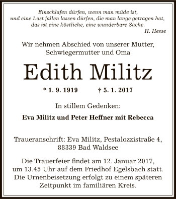 Todesanzeige von Edith Militz von Offenbach