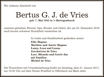 Todesanzeige von Bertus G.J. de Vries von Offenbach