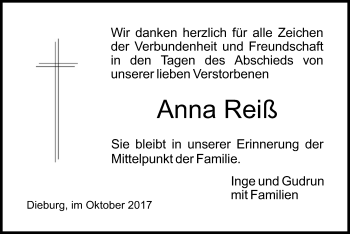 Todesanzeige von Anna Reiß von Offenbach