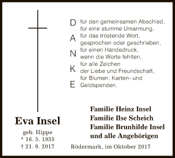 Todesanzeige von Eva Insel von Offenbach