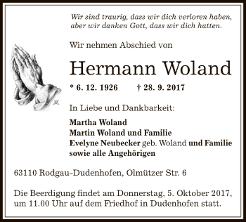 Todesanzeige von Hermann Woland von Offenbach