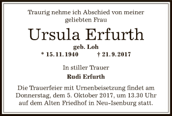 Todesanzeige von Ursula Erfurth von Offenbach