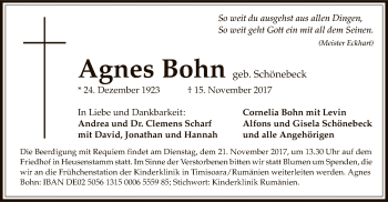 Todesanzeige von Agnes Bohn von Offenbach