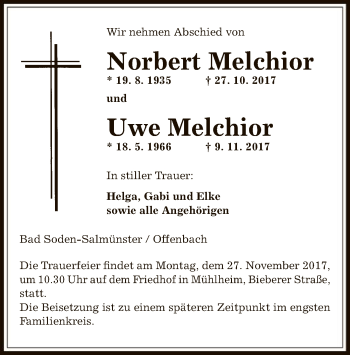 Todesanzeige von Norbert und Uwe Melchior von Offenbach