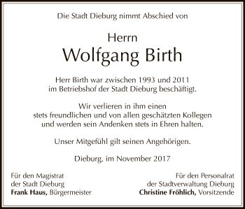 Todesanzeige von Wolfgang Birth von Offenbach