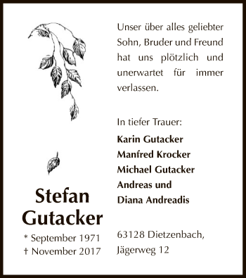 Todesanzeige von Stefan Gutacker von Offenbach