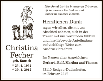 Todesanzeige von Christina Fecher von Offenbach