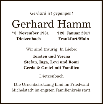 Todesanzeige von Gerhard Hamm von Offenbach