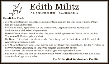Todesanzeige von Edith Militz von Offenbach