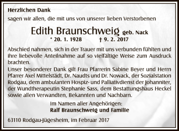 Todesanzeige von Edith Braunschweig von Offenbach