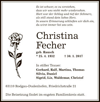 Todesanzeige von Christina Fecher von Offenbach