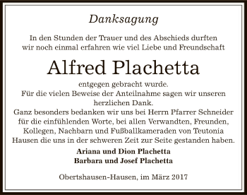 Todesanzeige von Alfred Plachetta von Offenbach