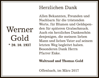 Todesanzeige von Werner Gold von Offenbach