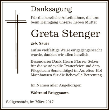Todesanzeige von Greta Stenger von Offenbach