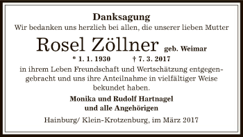 Todesanzeige von Rosel Zöllner von Offenbach