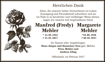 Todesanzeige von Manfred und Margarete Mehler von Offenbach