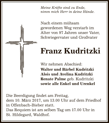 Todesanzeige von Franz Kudritzki von Offenbach